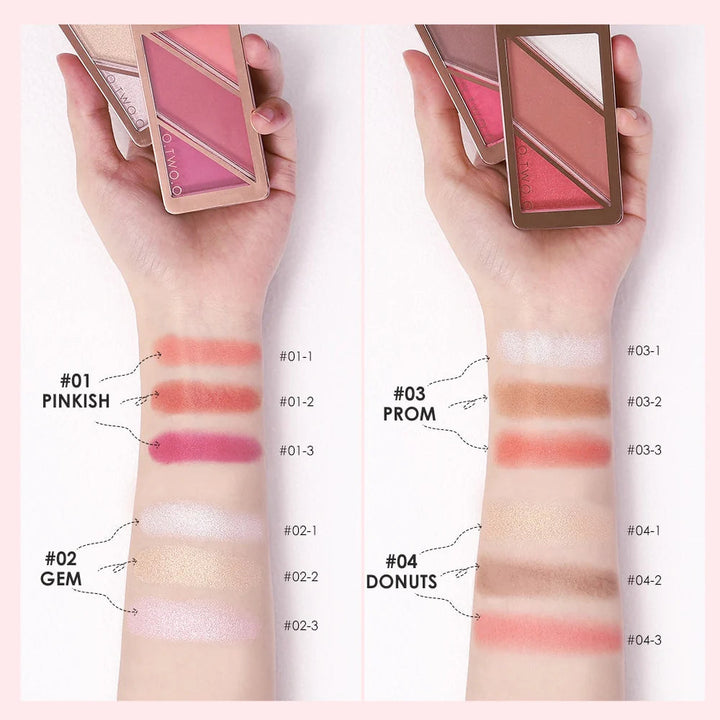 O.TWO.O 3 IN 1 blush, highlighter and contour palette Rose Gold